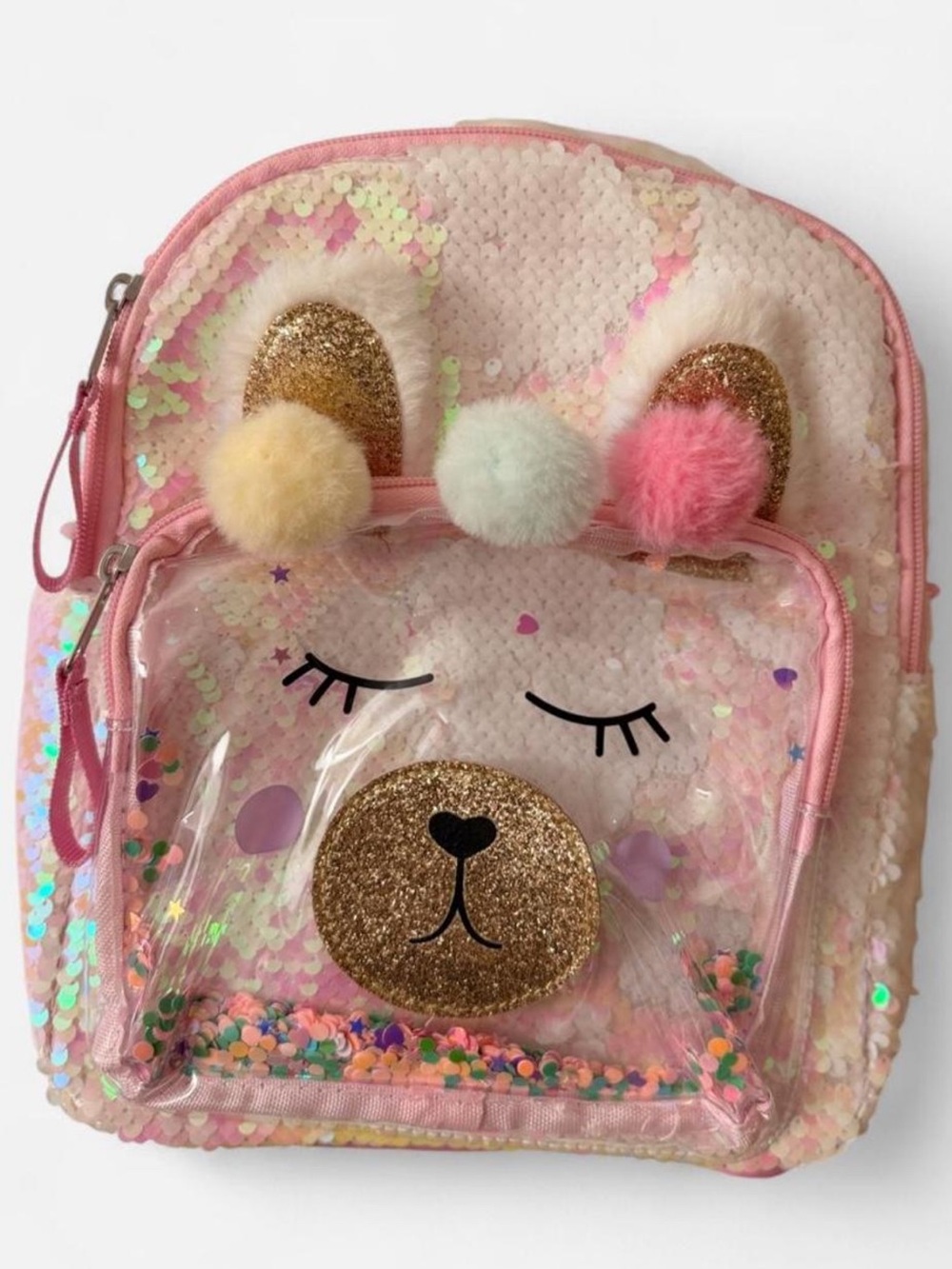 Unicorn Glitter Sequin Backpack with Pom-Pom Accents